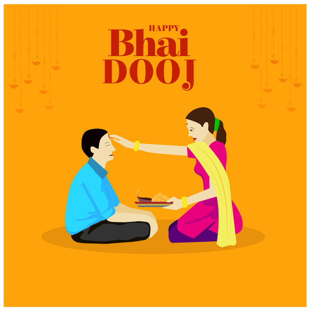 Cheerful Sister Applying Tilak Or Mark To Forehead Of Her Brother On Brown Background For Happy Bhai Dooj Festival. - Photo, Image