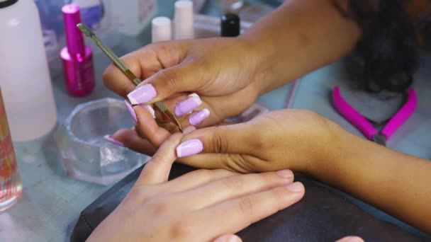 Detail Manicure Sessie: Geschoolde vrouwelijke Nagel Technicus uitvoeren van nauwkeurige nagelriemen Duwen procedure op vrouwen nagels. Hoge kwaliteit 4k beeldmateriaal - Video
