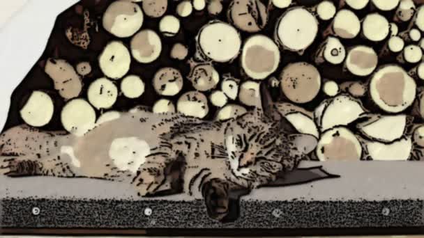 Kreslená kočka odpočívá na zahradě - Záběry, video