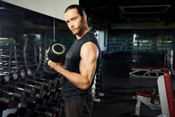 Egy aktív kopott atlétikai férfi felemel egy súlyzót egy edzőteremben, bemutatva az erőt és az elszántságot.. - Fotó, kép