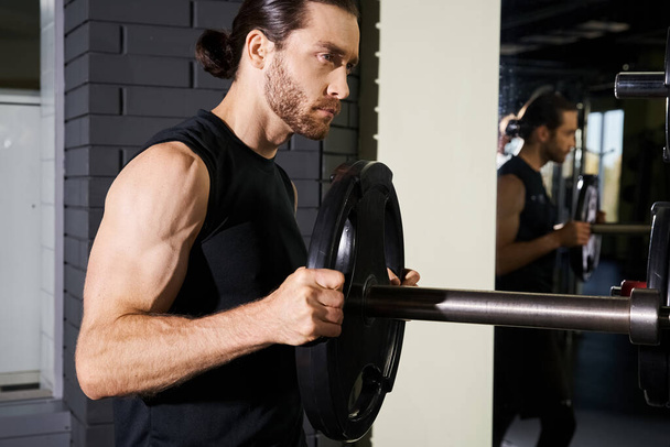 Een vastberaden man in actieve dragen grijpt een lange halter, toont zijn kracht en toewijding in een fitnessruimte. - Foto, afbeelding