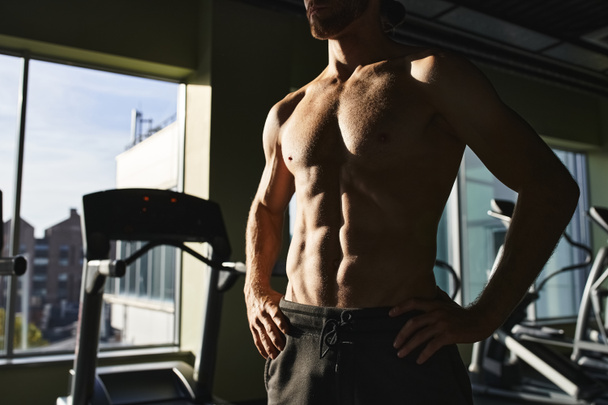 Um homem sem camisa mostra sua força na frente de uma máquina de ginástica, focada e determinada. - Foto, Imagem