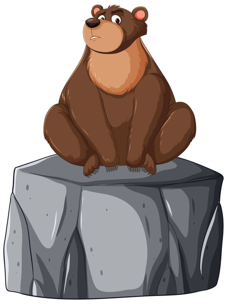 Cartoon bear sitting thoughtfully on a stone. - Vector, Image
