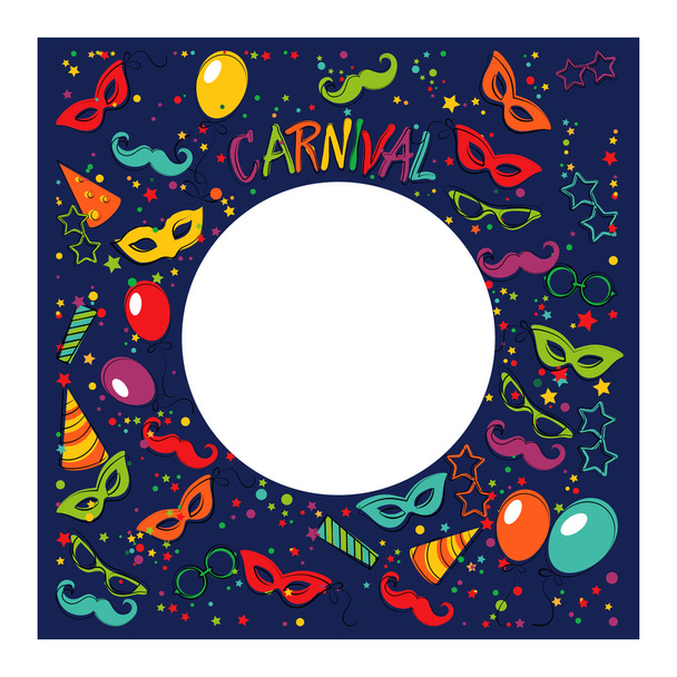 Feestelijke pagina met carnaval pictogrammen en objecten - Vector, afbeelding
