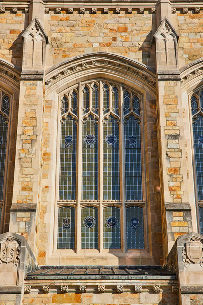 Finestra gotica con vetrate colorate presso University of Michigan Law Quadrangle, evidenziando l'architettura storica e l'eccellenza accademica - Foto, immagini