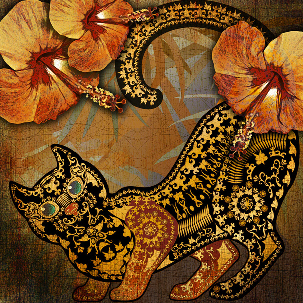 decoration motley animal pattern, floral fragments, tropical cat - Фото, зображення