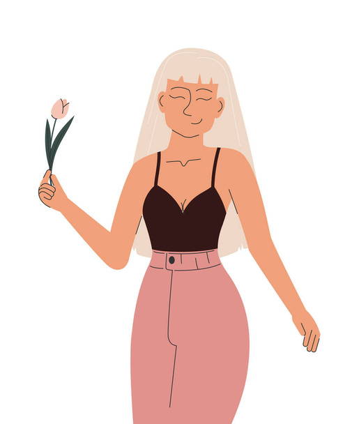 Smiling blonde woman holding beautiful flower. Elegant girl with tulip in hand. Happy international women's day. Girl power, feminism, Valentines day. Modern vector illustration in flat style - Vector, Image