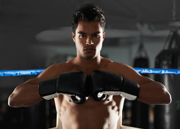 Boxer, man and gym with sport, boxing ring and confidence for workout or training. Person, exercise and fitness for health, wellness and motivation for winning with commitment for professional fight. - Photo, Image