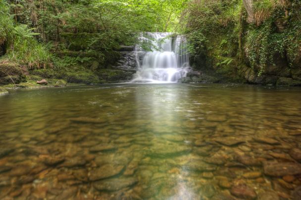 Atemberaubender Wasserfall fließt über Felsen durch sattgrünen Wald - Foto, Bild