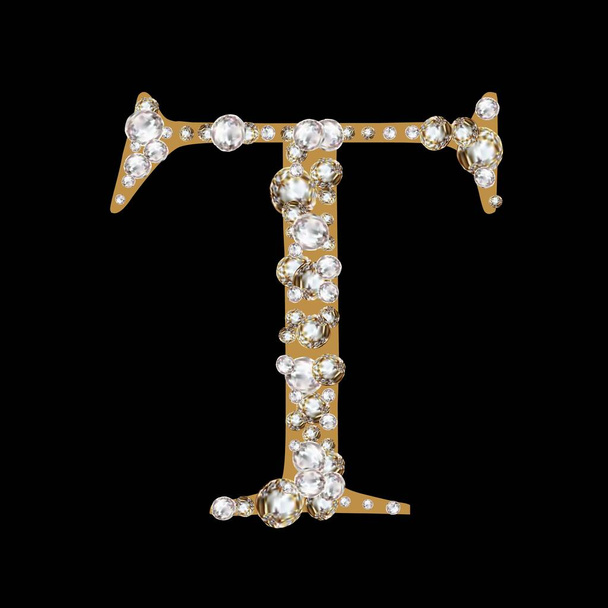 Nagy T betű angol ábécé romantikus gyémántokkal. Drága díszített ékszer Ünnepi gyémántok. sárkányagyarak - Vektor, kép