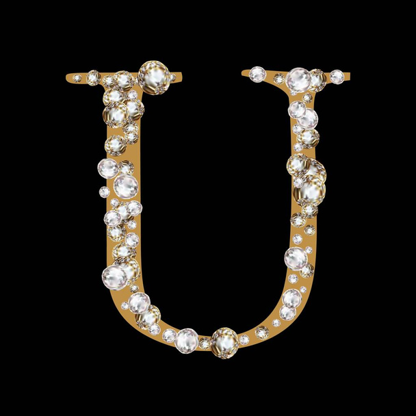 Velké písmeno U anglické abecedy romantické s diamanty. Drahocenné zdobené dárkové šperky Slavnostní diamanty. dračí tesáky - Vektor, obrázek