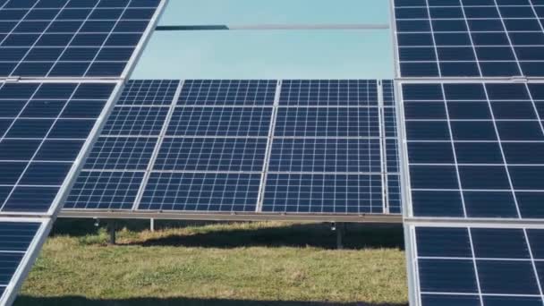 Fotovoltaïsche zonnepanelen in een zonnepark. Zonnepanelen op groen gras en blauwe lucht. Energiegeneratoren voor zonnepanelen. Het concept van alternatieve energie. - Video