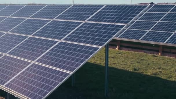 Photovoltaik-Solarzellen in einem Solarpark. Solarzellen auf grünem Gras und blauem Himmel. Sonnenkollektoren versorgen die Stromerzeuger. Alternatives Energiekonzept. - Filmmaterial, Video
