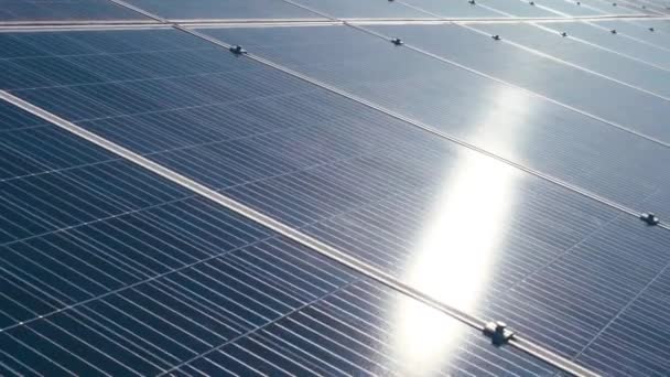 Fotovoltaikus napelemek egy közeli napelemparkban. Napelemek a napsütéses napon. Napelemek rendszer energia generátorok. Alternatív energiaügyi koncepció. - Felvétel, videó