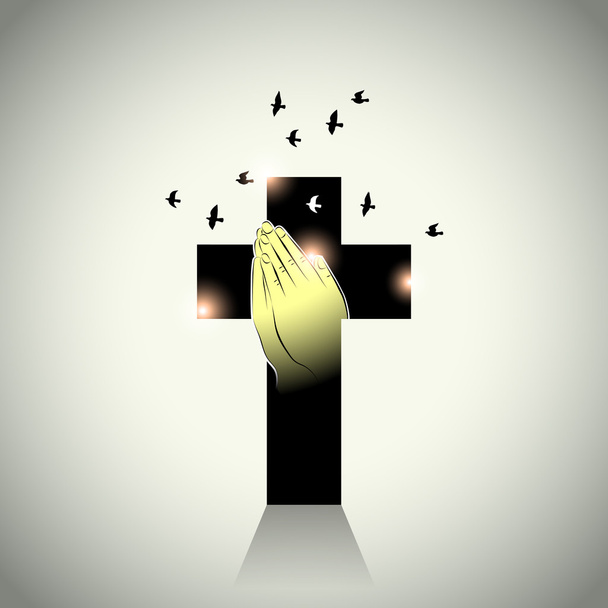 Vektor: zwei Hände mit Gebet im Kreuz und Tauben fliegen - Vektor, Bild