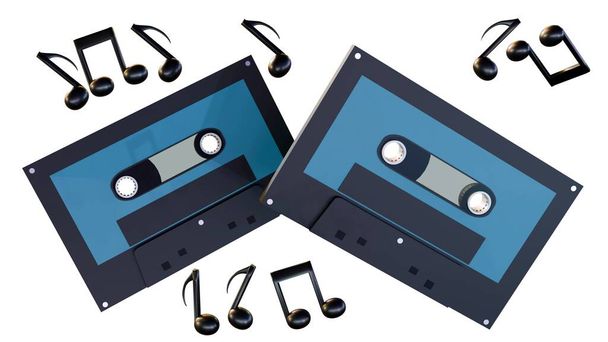 3d weergave van cassette en muzieknoten op de witte achtergrond - Foto, afbeelding