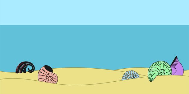 Meeresküste mit Sand, Meereslandschaft. Strand-Ansicht Cartoon-Stil mit großen Muscheln auf dem Boden. Vektorillustration - Vektor, Bild