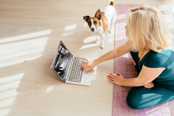 フィットスポーティ健康な健康な成熟した中年ボディ肯定的な女性は,ラップトップコンピュータ上のオンラインヨガクラスを観察して,呼吸演習を行っているマットの上に座ります. - 写真・画像