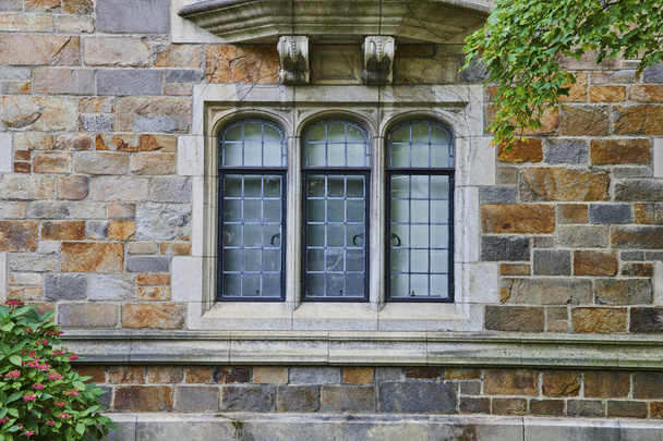 Primer plano de la arquitectura de piedra neoclásica con ventanas de rejilla en University of Michigans historic Law Quadrangle, Ann Arbor, mostrando artesanía atemporal. - Foto, Imagen