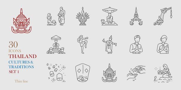 Тайская традиция иконки набор векторных иллюстраций тонкая линия - Вектор,изображение