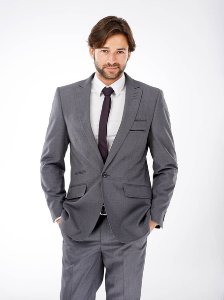 Businessman, portrait and fashion with style for career ambition or opportunity on a white studio background. Handsome or attractive man, employee or professional in confidence or suit for business. - Photo, Image