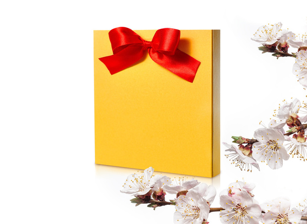 Slavnostní zlatý box s červenou mašli na bílém pozadí - Fotografie, Obrázek