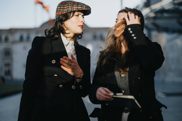 Elegante jonge vrouwen met een notebook wandelen en praten op een zonnige winterdag in een stedelijke omgeving, tonen vriendschap en stijl. - Foto, afbeelding