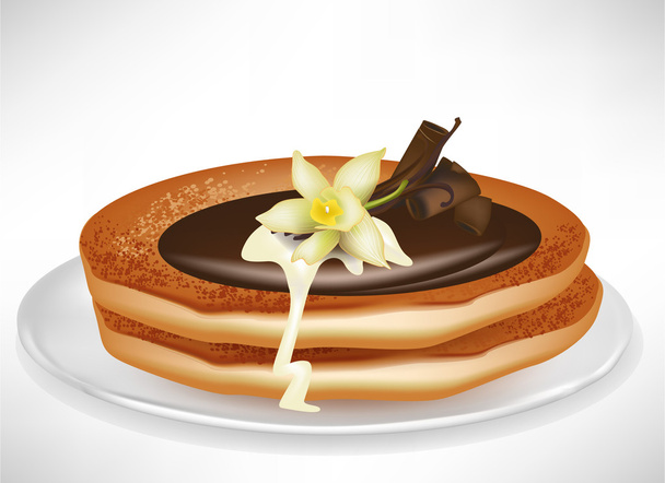 dos panqueques en plato con crema de vainilla y chocolate
 - Vector, Imagen