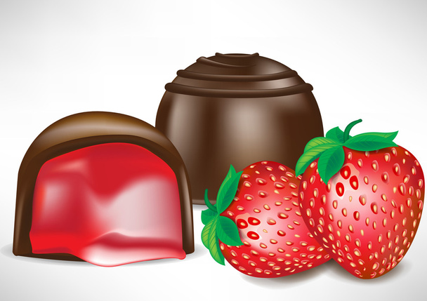 two cocolate candy pieces with strawberry filling - Vector, Image