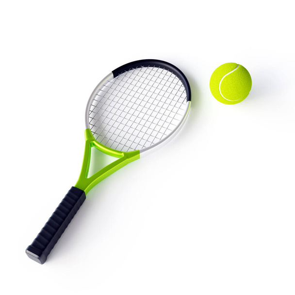 Raqueta de tenis y pelota aislada sobre fondo blanco. 3d-renderizado - Foto, imagen