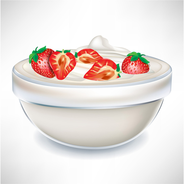 joghurt tejszín átlátszó tál eperrel - Vektor, kép