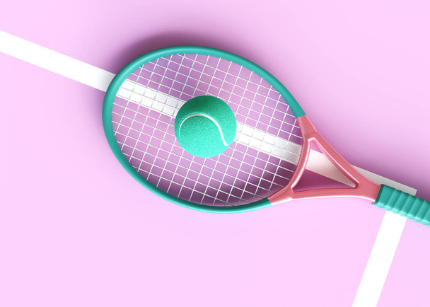 Ρακέτα τένις και μπάλα σε ροζ φόντο. 3d απόδοση - Φωτογραφία, εικόνα