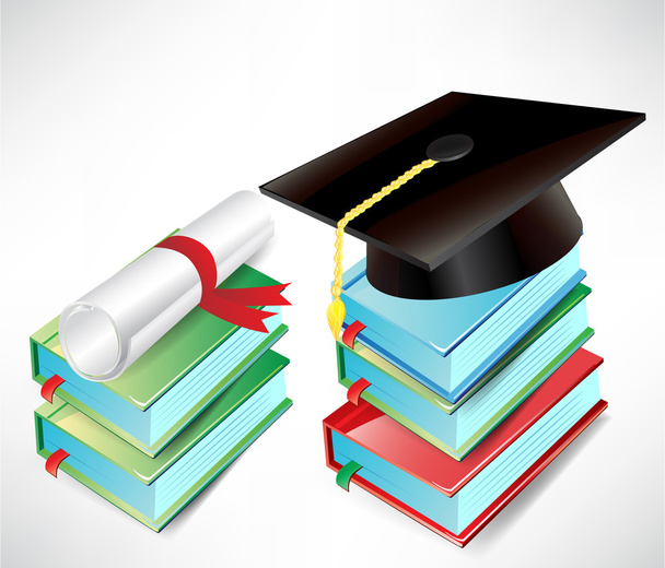 graduation cap, diploma and books - Vector, Image