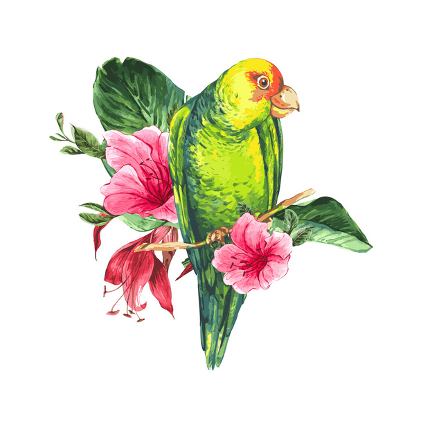 Akvarell egzotikus Vintage kártya-val kék bogyók, rózsaszín trópusi virágok és zöld papagájok - Vektor, kép