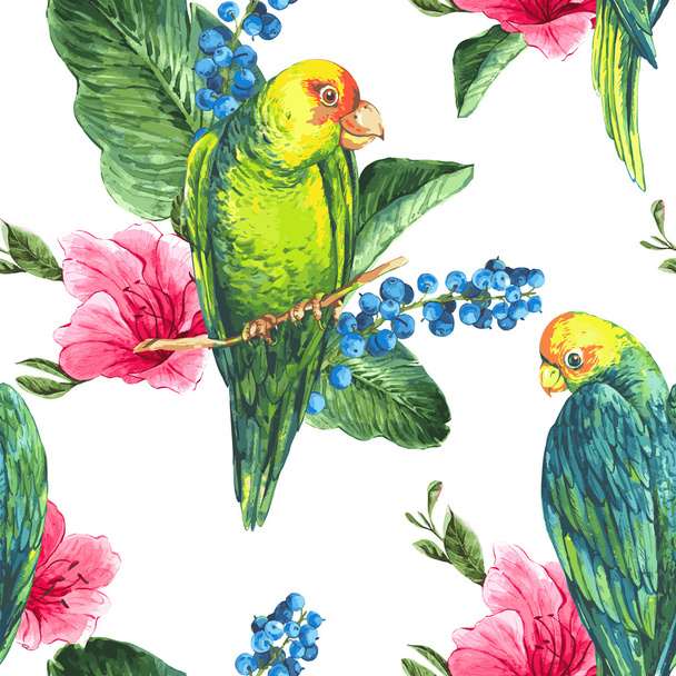 Экзотический бесшовный акварельный фон с голубикой, розовыми тропическими цветами и зелеными попугаями
 - Вектор,изображение