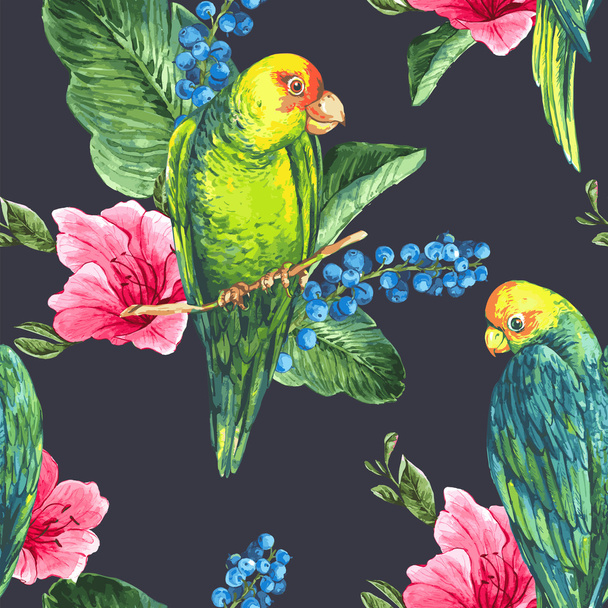Aquarell exotischen nahtlosen Hintergrund mit Blaubeeren, rosa tropischen Blumen und grünen Papageien - Vektor, Bild