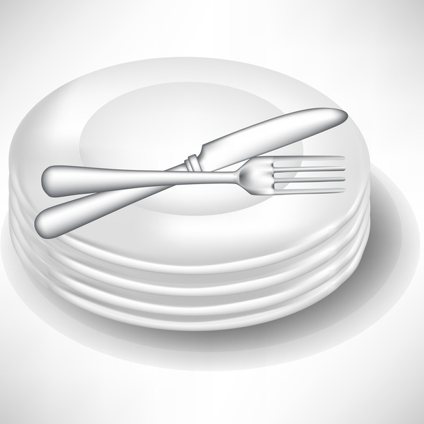 кучка белых фарфоровых тарелок с вилкой и ножом
 - Вектор,изображение