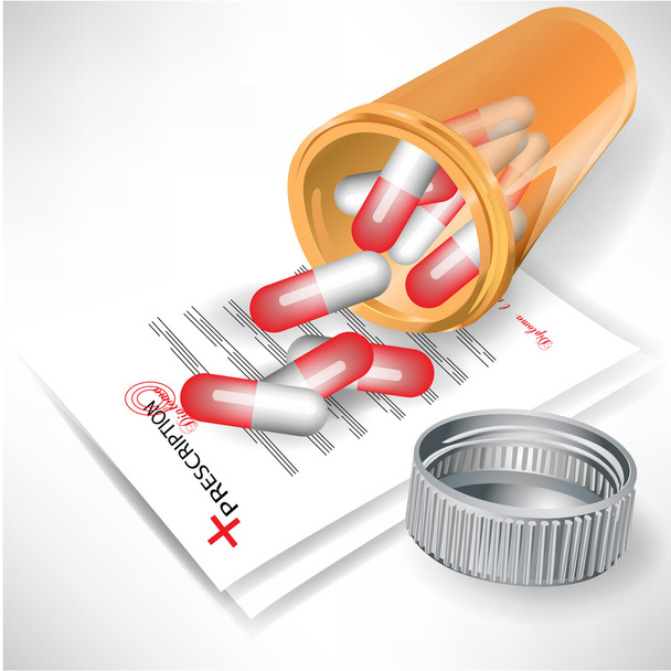rozlité pilulky v plastové lahvičce s víčkem na lékařský předpis - Vektor, obrázek