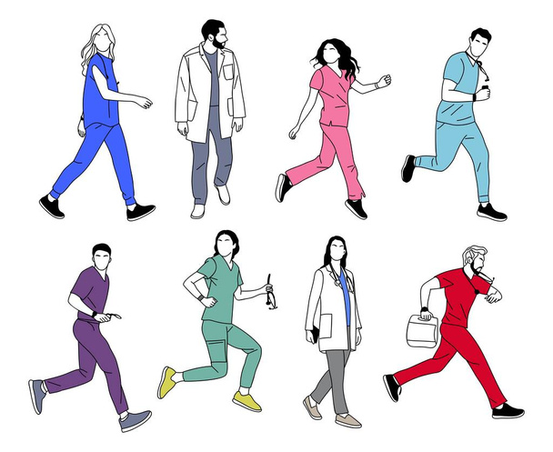 Set of Doctors, nurses, paramedics in medical uniform scrubs and gowns running, walking in a hurry to save lives. Different hospital workers with stethoscopes. Vector outline hand drawn illustrations. - Vector, Image