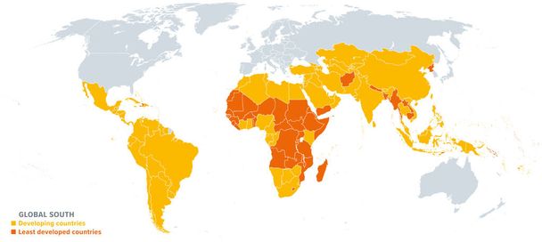 Globální jih, politická mapa světa, znázorňující rozvojové země nebo území ve žlutých, nejméně rozvinutých zemích v oranžové barvě a globální sever v šedé barvě. Ilustrace. Vektor. - Vektor, obrázek