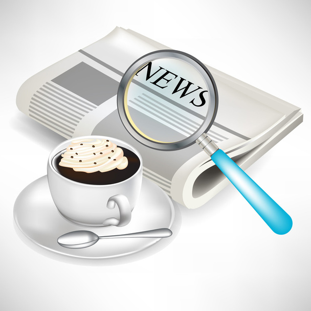 newspaper with magnifying glass and coffee with cream - Vektori, kuva