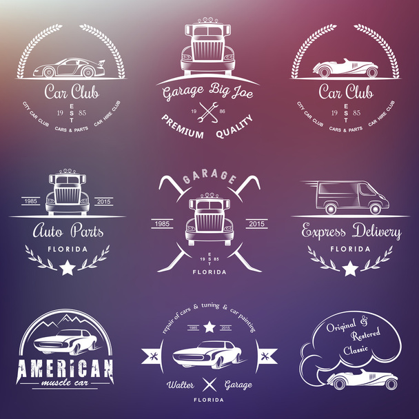 Set de insignias vintage club de coches y garaje
 - Vector, Imagen
