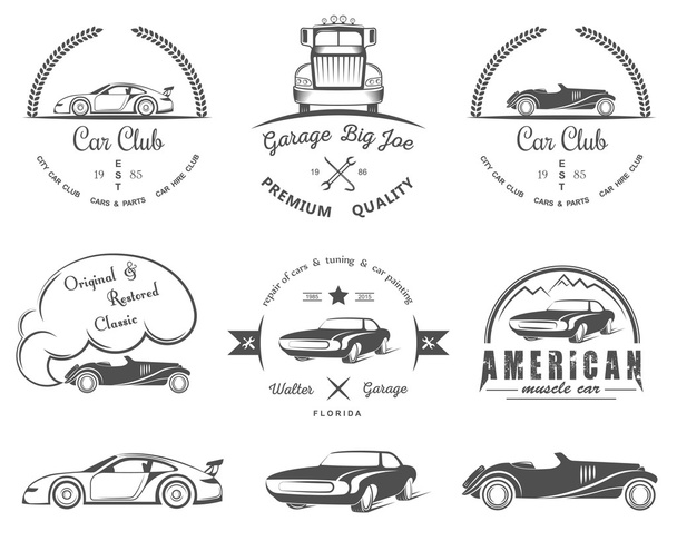 Vintage jelvények autó klub és garázs - Vektor, kép