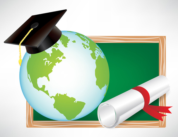 освіти земної кулі диплом і шапка випускника на чорній дошці
 - Вектор, зображення