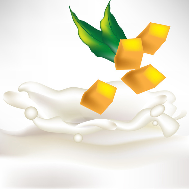 rodajas de mango en salpicaduras de leche con hojas frescas
 - Vector, imagen