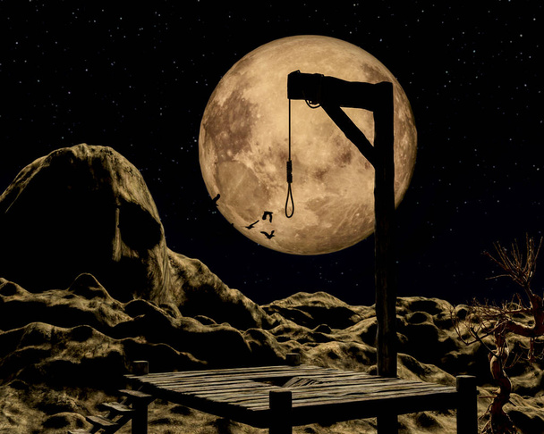 Gallow par une nuit effrayante avec une pleine lune dorée et des corbeaux - rendu 3d - Photo, image
