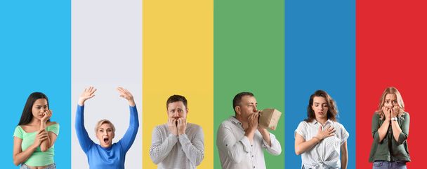 Set von gestressten Menschen auf farbigem Hintergrund - Foto, Bild