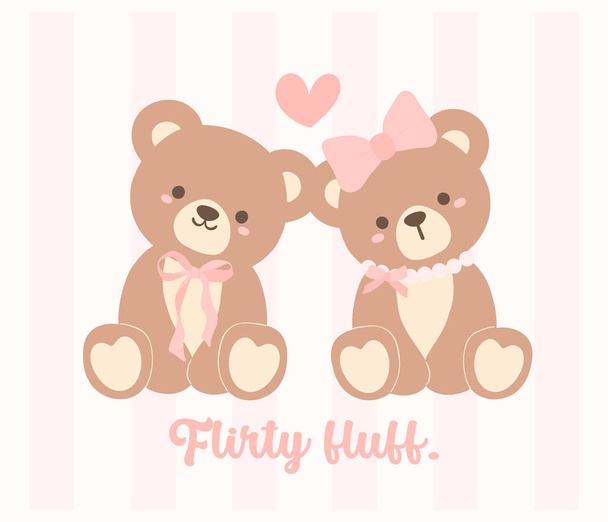 Casal bonito do urso de pelúcia da coquete com laço rosa da fita, ilustração adorável - Vetor, Imagem