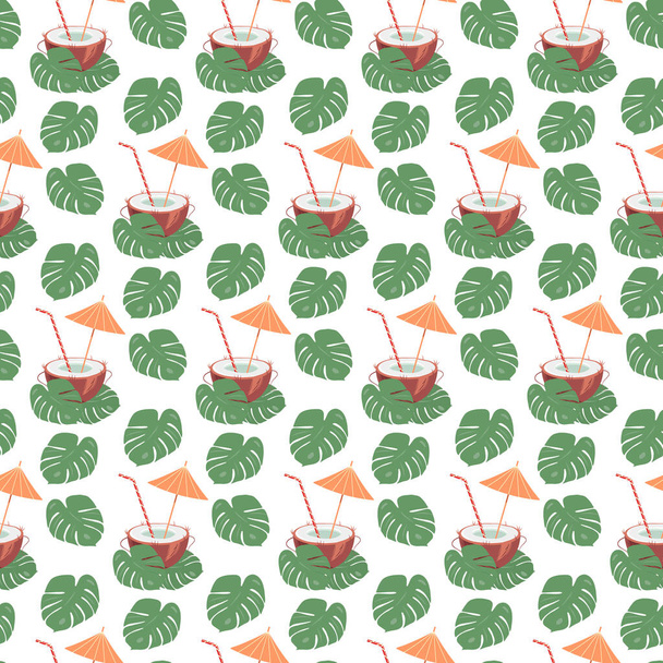 Half coconut and cocktail straw and umbrella inside with monstera leaves. Summer seamless pattern. Isolate. EPS. Vector design concept for wrapping, background or wallpaper, cards, posters, banners - Vector, Image