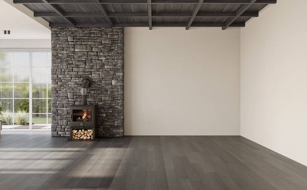 Wnętrze salonu z kamienną ścianą, kominkiem, ciemnym sufitem krokwi i drewnianą podłogą. Nowoczesne rozwiązanie projektowe, renderowanie 3D - Zdjęcie, obraz